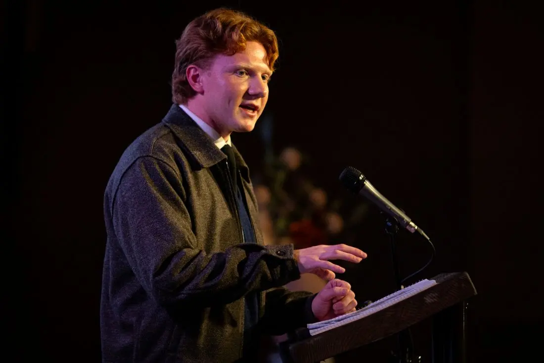 Zak Asplin-Mounter speaking at a lectern at a Friends of Charlie Kirk event hosted by the Cumberland County Republican Committee.