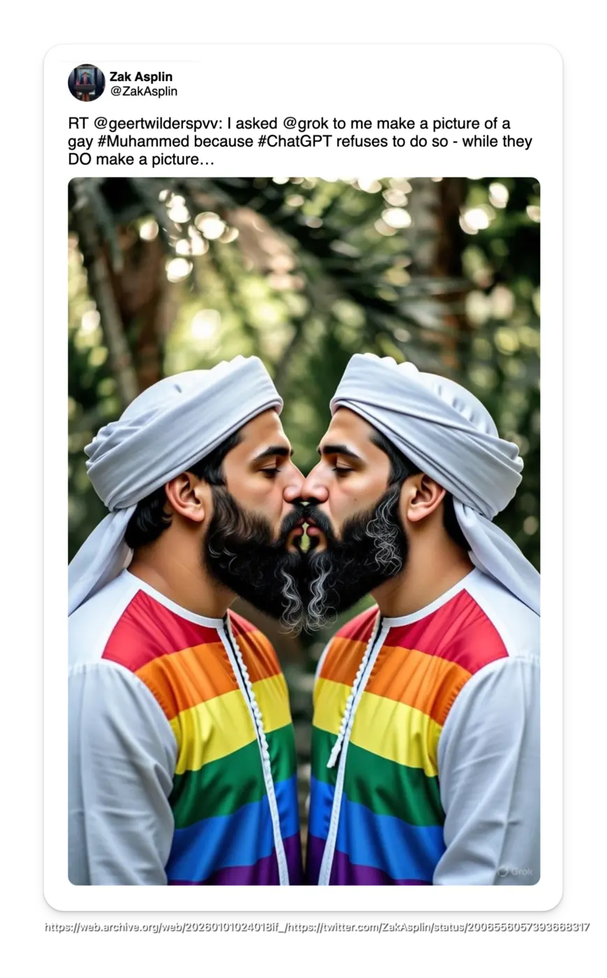 Screenshot of Zak Asplin reposting Geert Wilders’s request for a picture of “a gay #Muhammed,” above an AI-generated image of two bearded men in turbans and rainbow-colored clothing kissing.