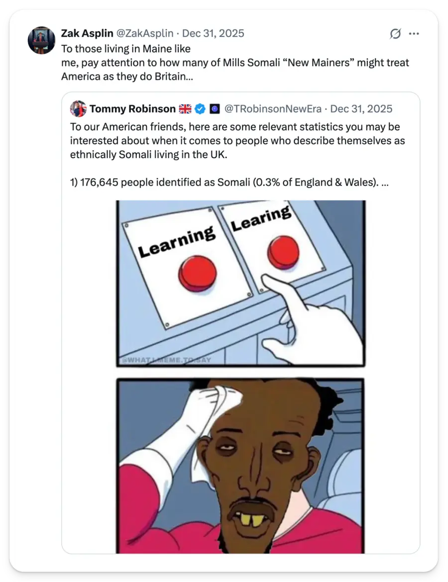 Racist “Two Buttons” edit beneath posts about Somalis. The original face is replaced with a dark-skinned caricature with an enlarged forehead, hollow cheeks, half-closed eyes, protruding lips, and two yellow front teeth. Buttons read “Learning” and “Learing.”